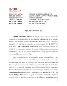 Querella por homicidio en el caso de Abel Acuña, presentada por el Instituto Nacional de Derechos Humanos, al 8vo Juez de Garantía de Santiago, el 21 de noviembre de 2019