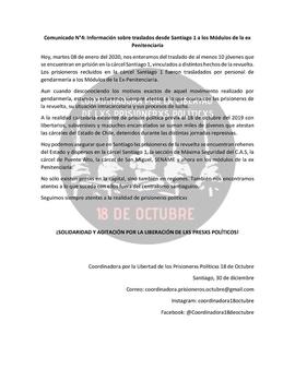 Comunicado n°4 Información sobre traslados desde Santiago 1 a los Módulos de la ex Penitenciaria