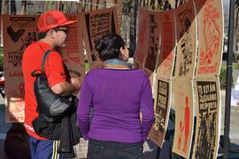 Persona observando afiches de la "Brigada 40 años de luchas y resistencia" en exhibición itinerante