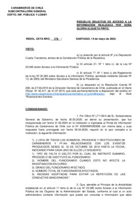 Respuesta parcial de Carabineros de Chile a solicitud de Londres 38 por listado de sumarios, procesos y destituciones de funcionarios relacionados con los eventos producidos desde el 18 de octubre (NRO. 179)