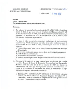 Respuesta parcial del Ejército de Chile a solicitud de Londres 38 por listado de sumarios, procesos y destituciones de funcionarios relacionados con los eventos producidos desde el 18 de octubre (N°6800)