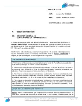 Notificación de decisión final del Consejo para la Transparencia acogiendo amparo por respuesta parcial de Gendarmería de Chile (Oficio N° E18775)